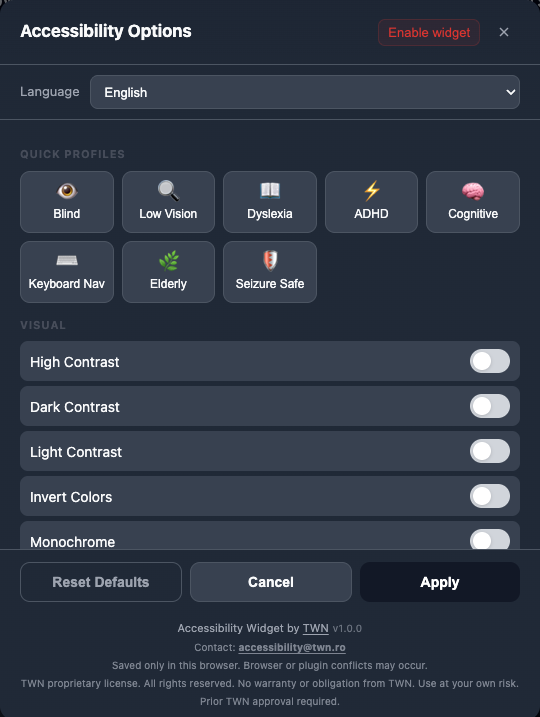 Accessibility popup with options visible before activation